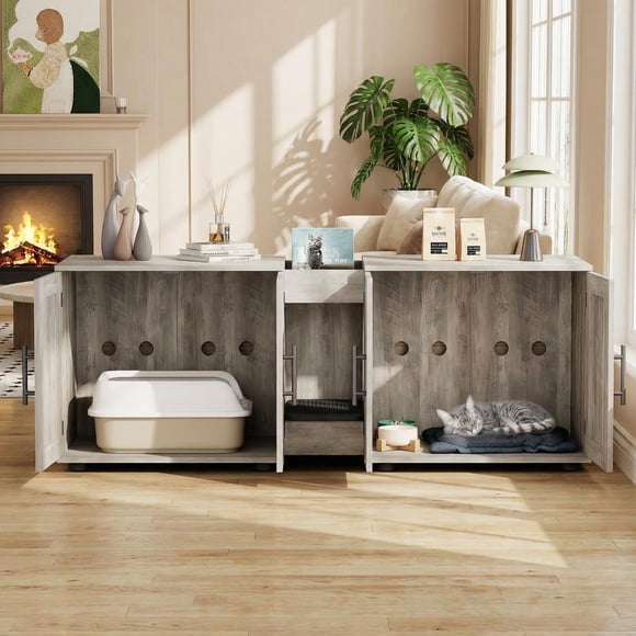 Mueble 3 en 1 para Caja de Arena – 55 Pulgadas – Estilo Granja – Doble Compartimento – Oculto – Sala y Dormitorio – Madera