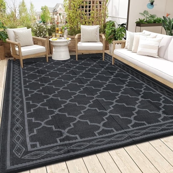 9x18 Vintage Trellis Waterproof Reversible Outdoor Rug for Patio Black Grey
