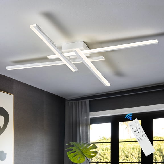White Modern Led Chandelier 4-Lights Semi-Flush Mount Ceiling Lighting Fixture 35.4” Dimmable Remote Control Ceiling Light for Living Room Bedroom Kitchen Foyer