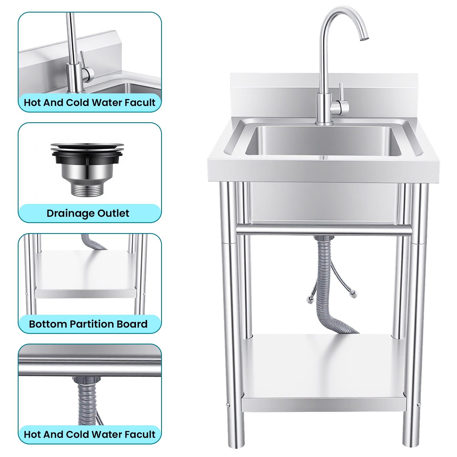 Utility Sink with Cold & Hot Water Faucet,Indoor and Outdoor Sink,Single Bowl Sink Basin for Home Garage & Laundry Room