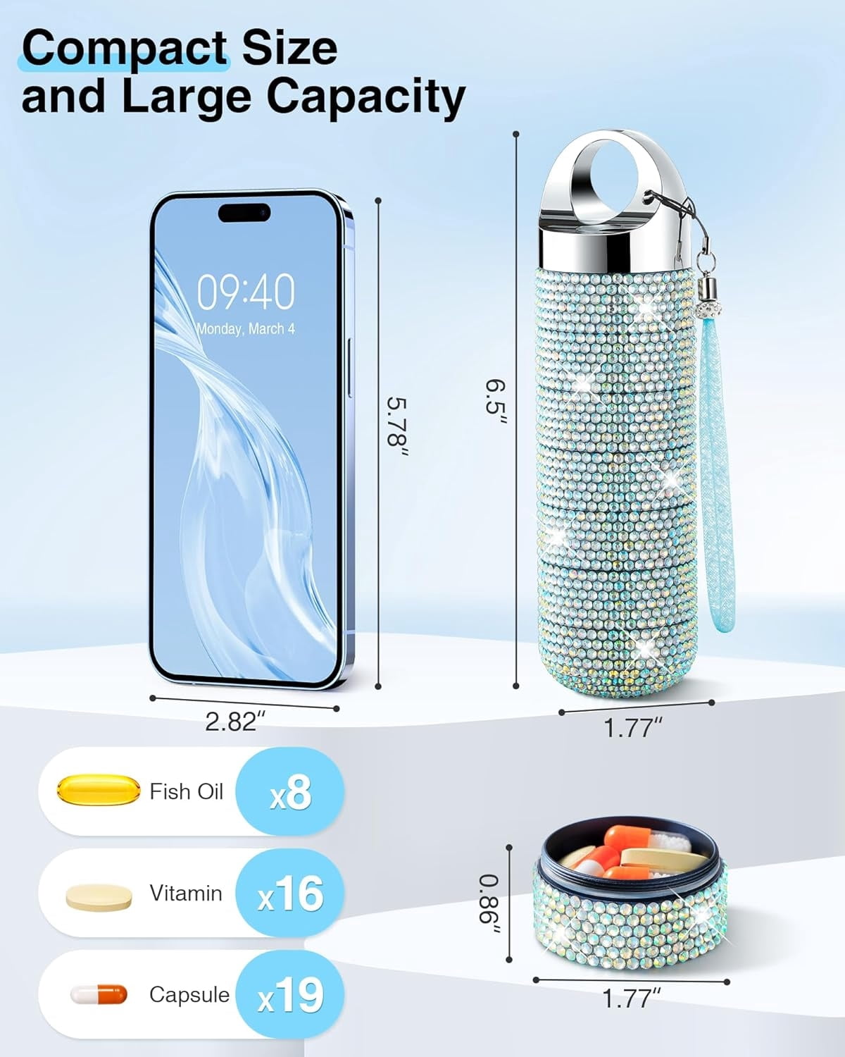 Metal Travel Pill Organizer, Portable Waterproof Weekly Pill Box, Large Aluminum Alloy Pill Case Container, BPA Free 7 Day Daily Medicine Organizer Holder for Vitamin, Fish Oil, Supplement