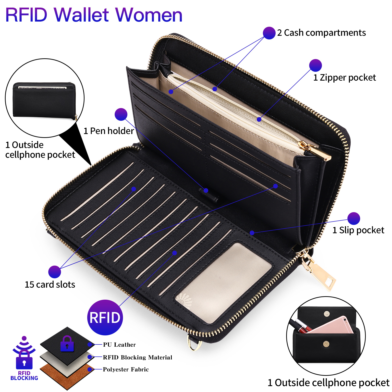 FALAN MULE RFID Leather Wallet Wristlet Black photo 6