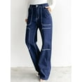 thumbnail image 4 of ROAD MARKINGS High Waist Wide Leg Jeans, Dark Blue Denim with Contrast Stitching, Utility Style (US, Alpha, Small, Regular, Regular, Blue), 4 of 5