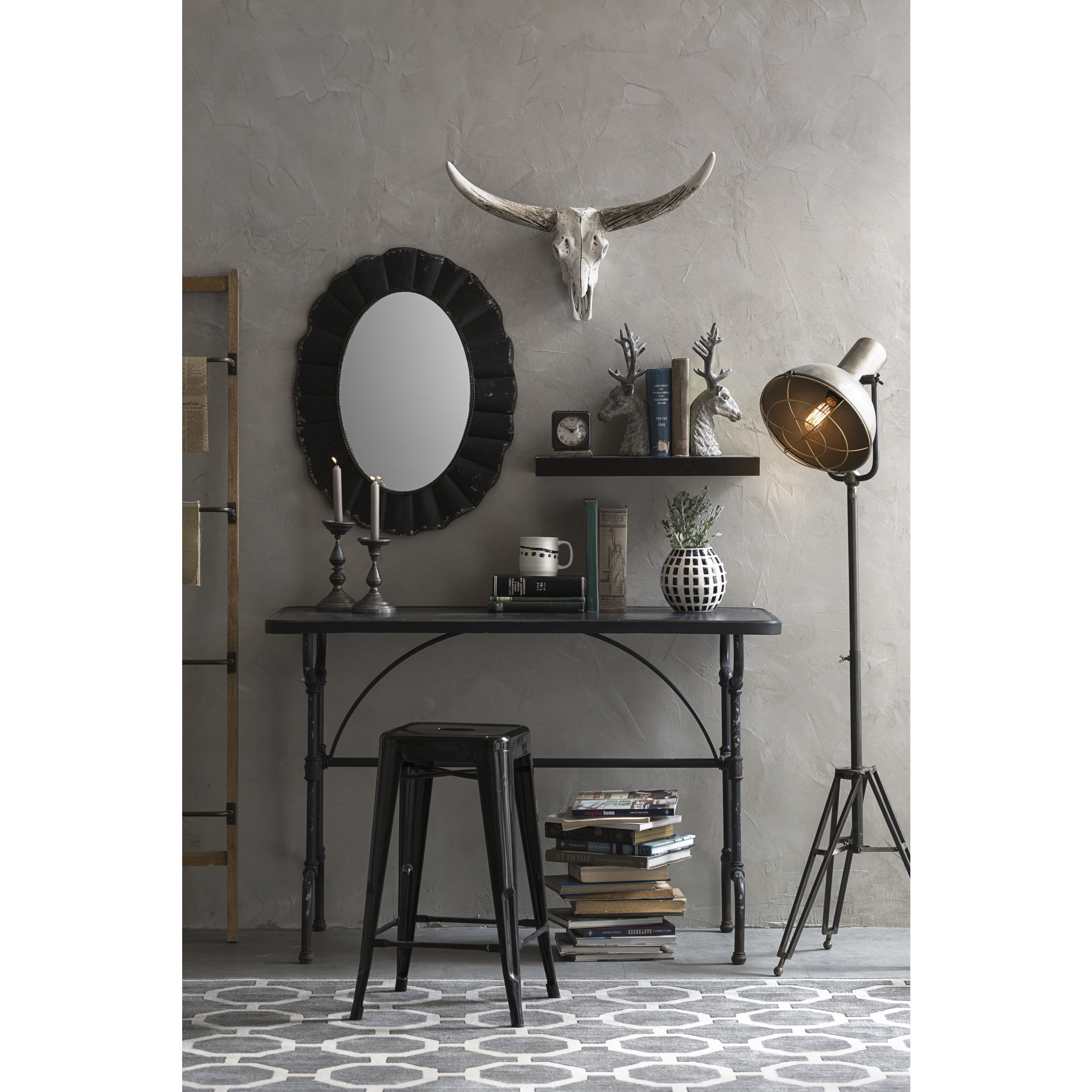 Creative Co-Op Distressed Metal Scalloped Oval Wall Mirror, Black