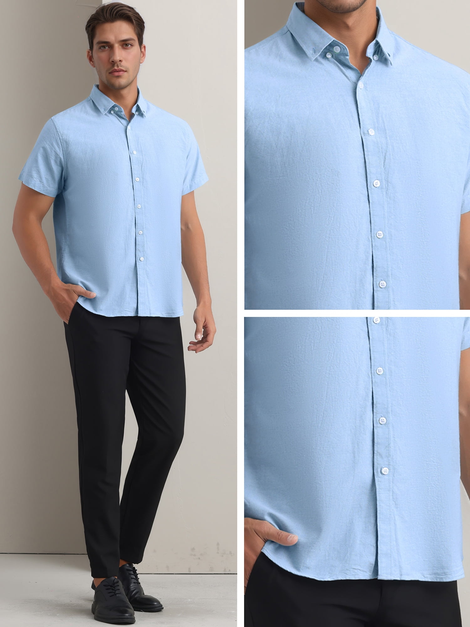 Unique Bargains Men's Short Sleeve Cotton Regular Fit Button Down Formal Shirt XL Blue
