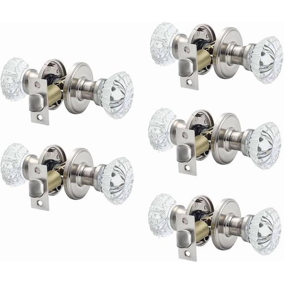 Cielsa Dawn Crystal Door Knobs 5 Pack Glass Doorknobs for Bed Bath Clear Glass Privacy Interior Door Locks Handles (Satin Nickel, Privacy)