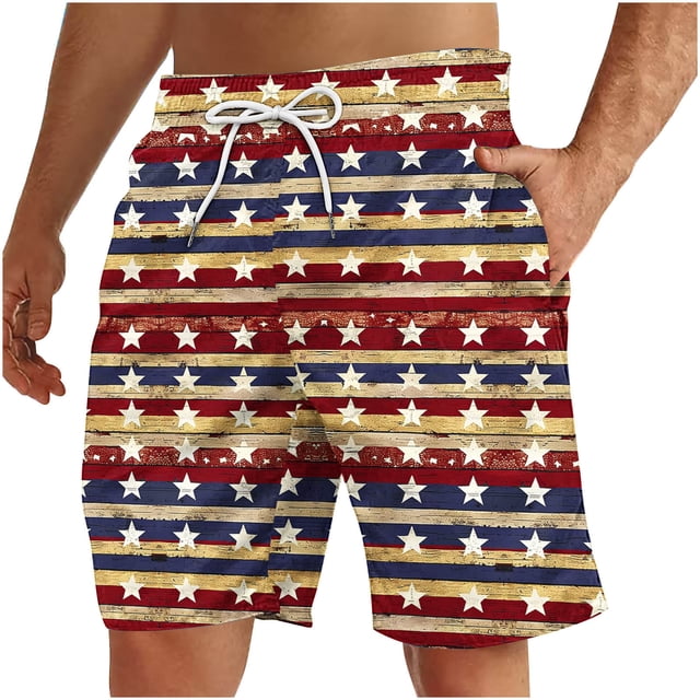 Pantalones Cortos Deportivos para Hombre, Pantalones Cortos de Playa con Cordón Impreso para el Día de la Independencia con Bolsillo Hechos de 95% Poliéster 5% Spandex, Pantalones Cortos Deportivos Pa