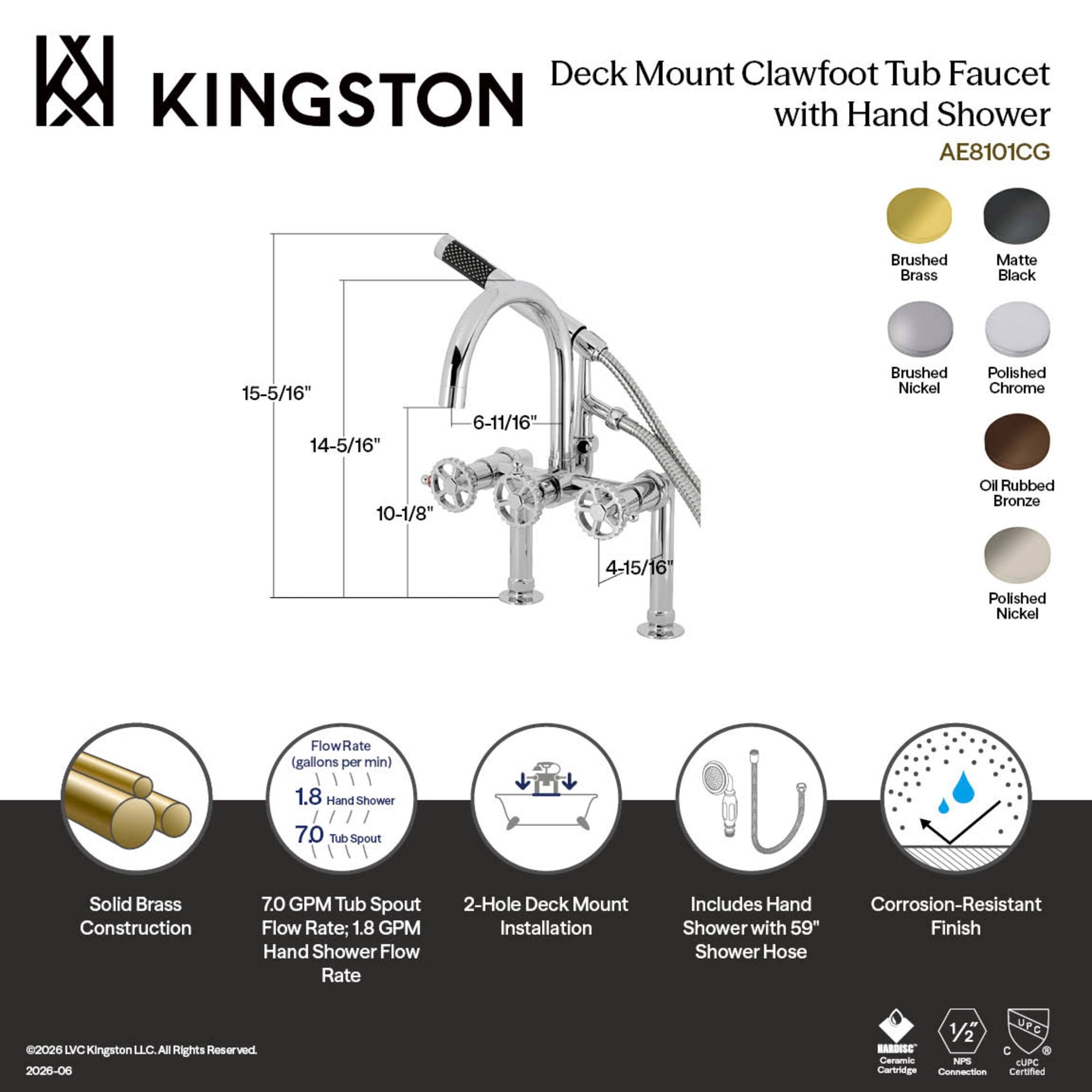 Kingston Brass AE8105CG Fuller Three-Handle 2-Hole Deck-Mount Clawfoot Tub Faucet with Hand Shower in Oil Rubbed Bronze