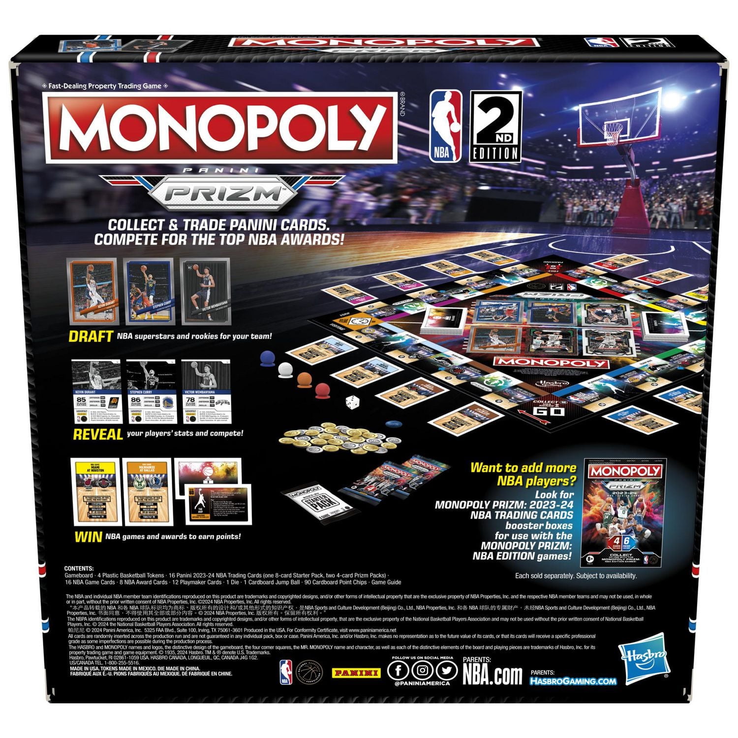 Monopoly Prizm: NBA 2nd Edition Board Game, Monopoly Game with 2023-24 Panini NBA Trading Cards