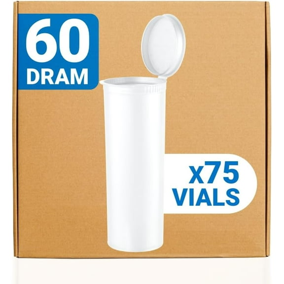Loud Lock Pop Top Dram Bottles - White - 60 Dram - 75 Per Case - 5.24" Deep X 1.89" Wide - Packaging Supplies - Pill Vials - Rx Vial