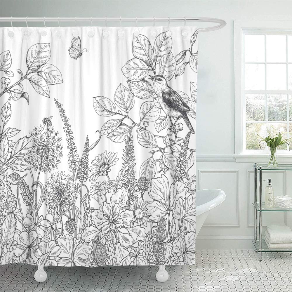 PKNMT Floral Black and White Flowers Plants Butterfly and Sitting