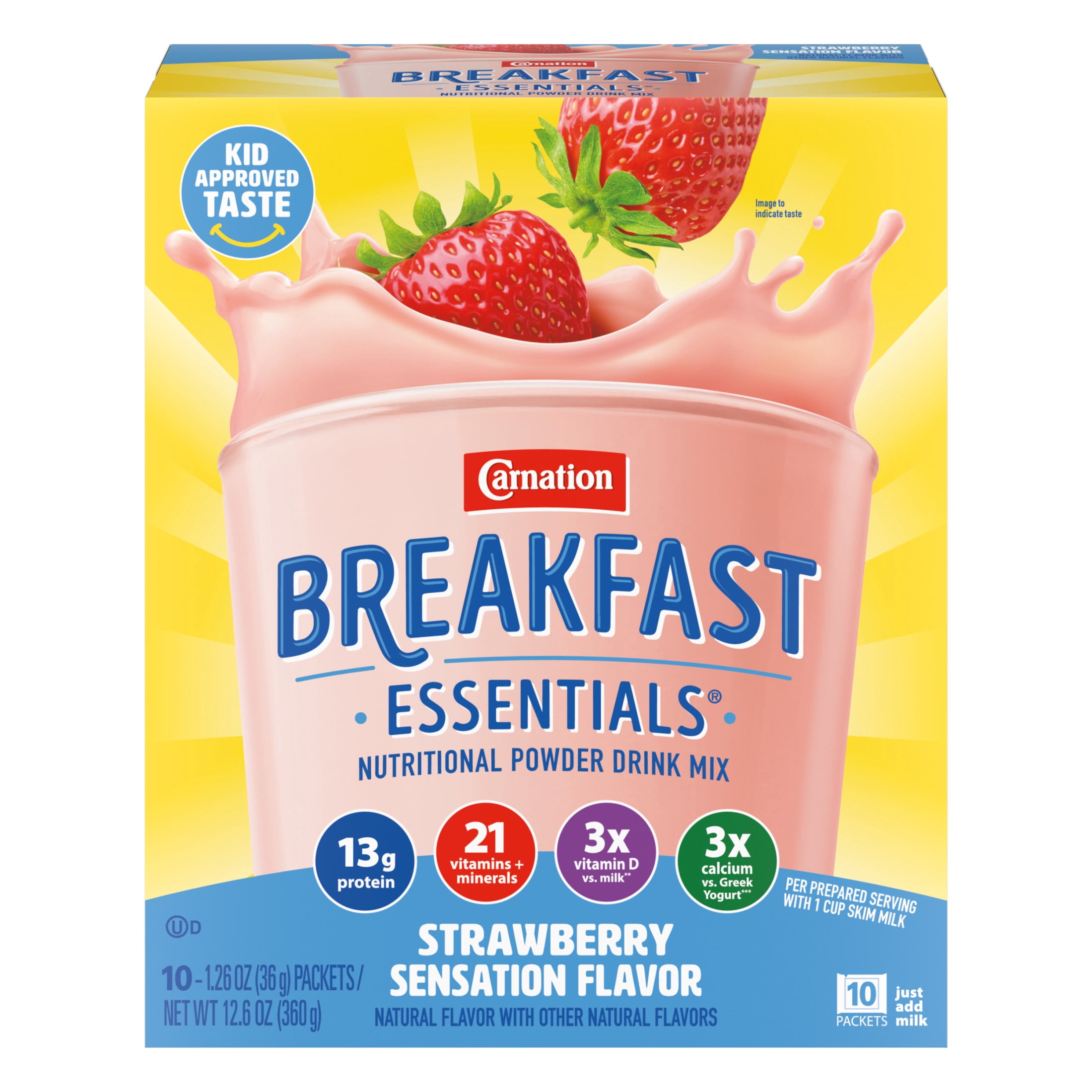 Carnation Breakfast Essentials Powder Protein Nutritional Shake Drink Mix Packets, Strawberry Sensation Breakfast Shake, 10 Count