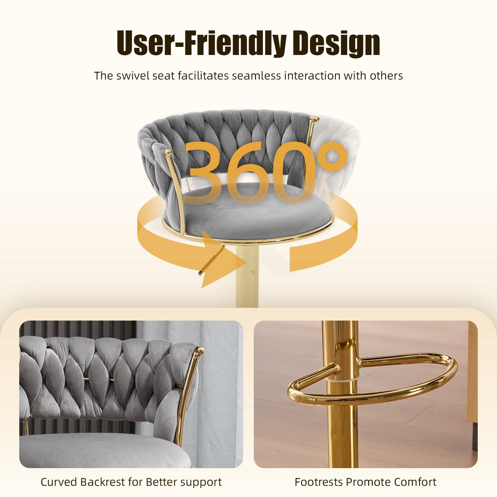 MOONMISS Velvet Upholstered Adjustable Height Swivel Armless Bar Stools with Golden Footrest(set of 2)-Gray
