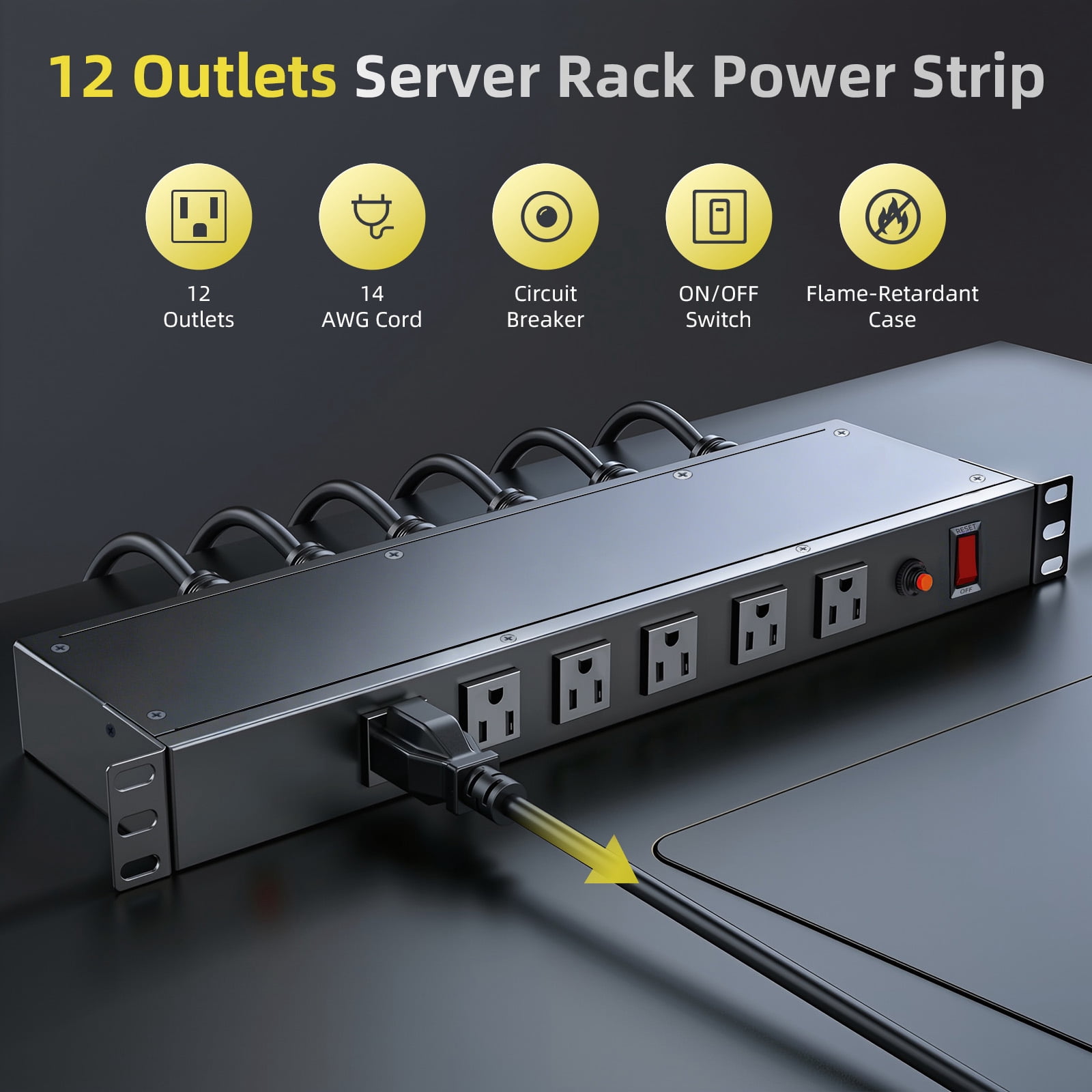 ZHANGONG 1U Rack Mount PDU, 12-Outlet Power Strip with 45° Angled Flat Plug, 6 Front & 6 Rear Outlets, 15A Overload Protection, 10FT Cord for Server Rack