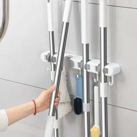 Wall Mounted Mop and Broom Holder Organizer 14.37in 4 Clamp 5 Hook Heavy Duty Storage Rack for Kitchen Laundry Room Garage Garden Closet Space Saving Tools White