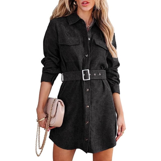 Vestido blusa mujer pana manga larga vestido camisero con cinturón, vestido mini pana largo con bolsillo y tapeta de botones