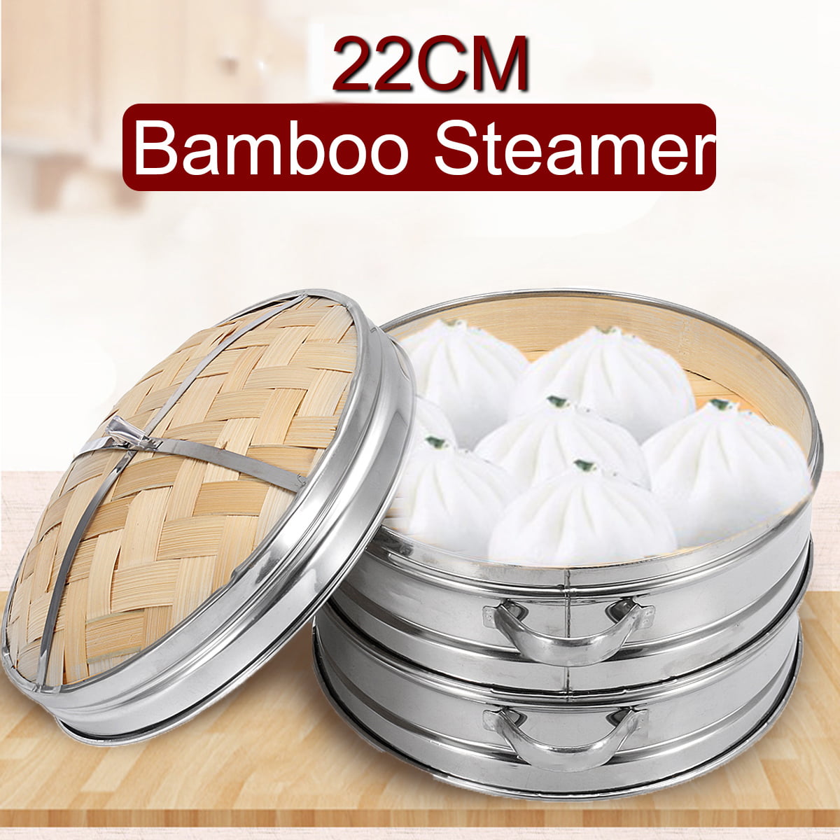2 Tiers Bamboo Steamer Kitchen Cookware Basket Cooker Set Stainless Steel 22cm 