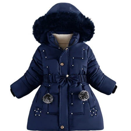 Girl Winter Coat with Hooded Puffer Jacket Navy Jacket for Girls Zip up Long Sleeve Waterproof Girls Thicken Jacket 6-7 Years Winter Coats for Girls