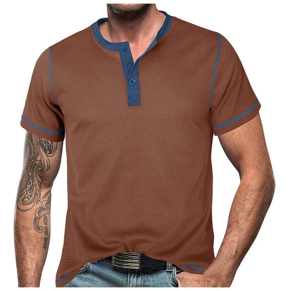 uikmnh Men's T Shirts European Color Blocked Button Open Neck Men Trendy Comfortable Loose Casual Business Short Sleeved T Shirt Size:XL
