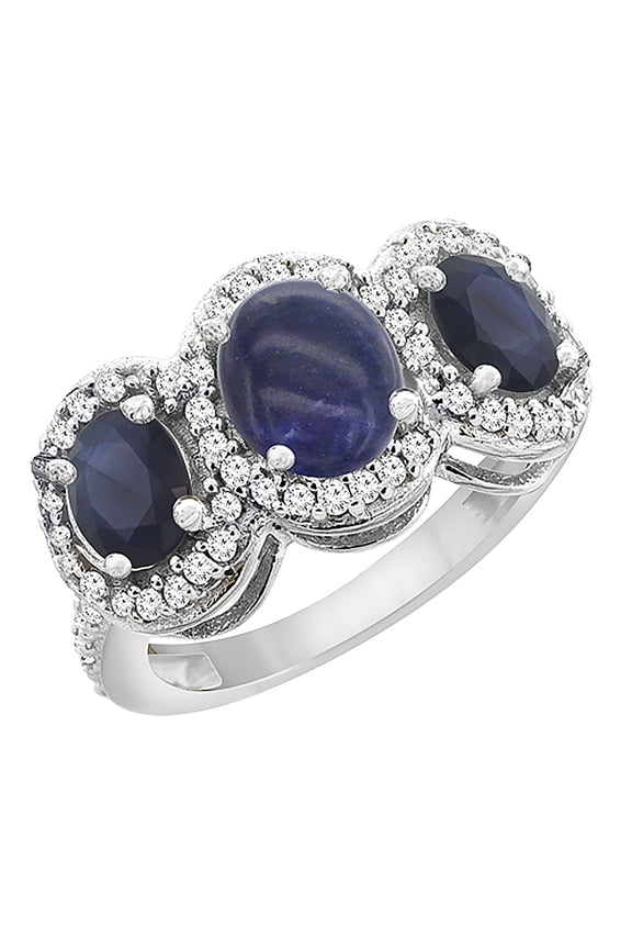 14K White Gold Natural Lapis & Quality Blue Sapphire 3-stone Mothers Ring Oval Diamond Accent, size 9.5