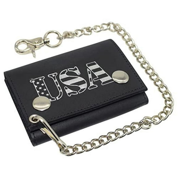 Marshal Men's Tri-fold RFID Blocking Biker Genuine Leather Steel Chain USA Wallet Snap closure