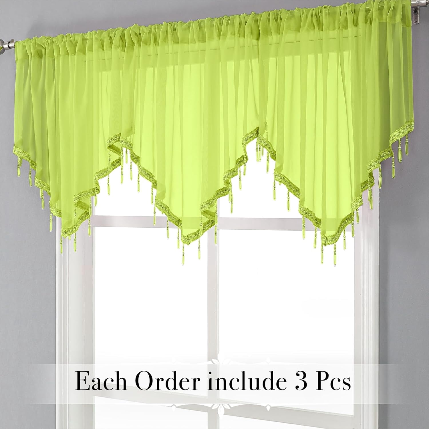 Kiibsot 3-Pack Halloween Beaded Sheer Valance Curtains for Windows, Triangle Sheer Voile Kitchen Swag Curtain Valances Boho Bead Tassels Window Valances for Bedroom Living Room, Each 51 x 24 Inch