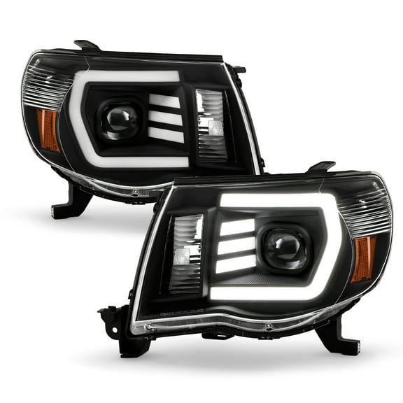 AKKON - Fits 2005-2011 Toyota Tacoma Pickup TRD [LED C-Light Bar] Projector Black Headlights Pair Driver Left Passenger Right