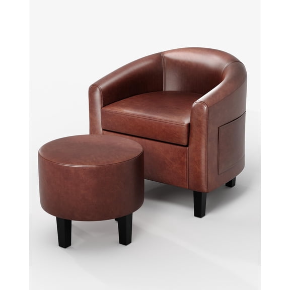 Barrel Chair and Ottoman Set, Upholstered PU Leather Accent Chair with Footrest, Compact Armchair with High-Density Cushion for Bedroom, Living Room, Office and Study