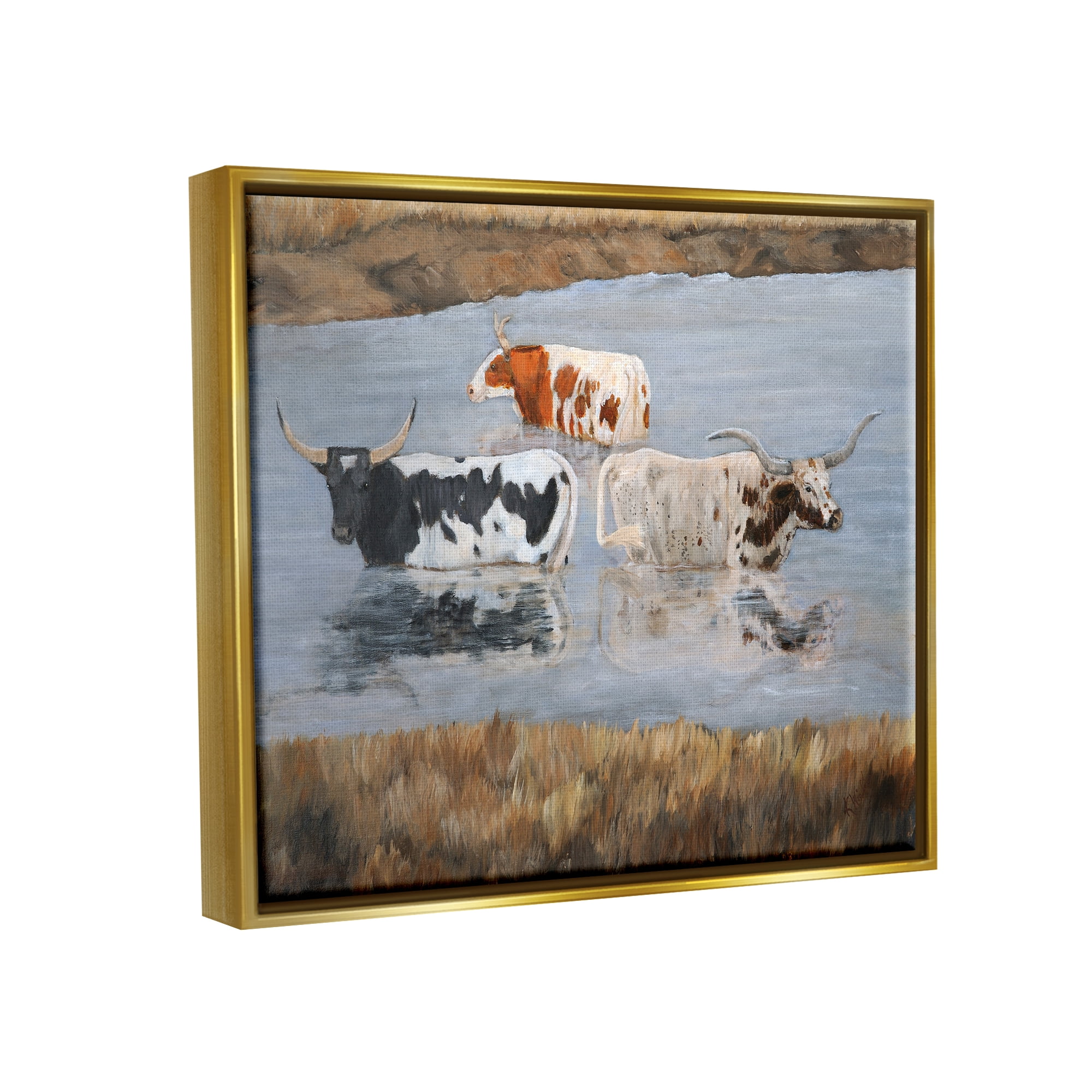 Stupell Cattle Bathing Country Riverbank Animals & Insects Painting Gold Floater Framed Art Print Wall Art