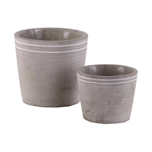 Cement Small Round White Banded Rim Pot With Tapered Bottom, Set of Two, Gray