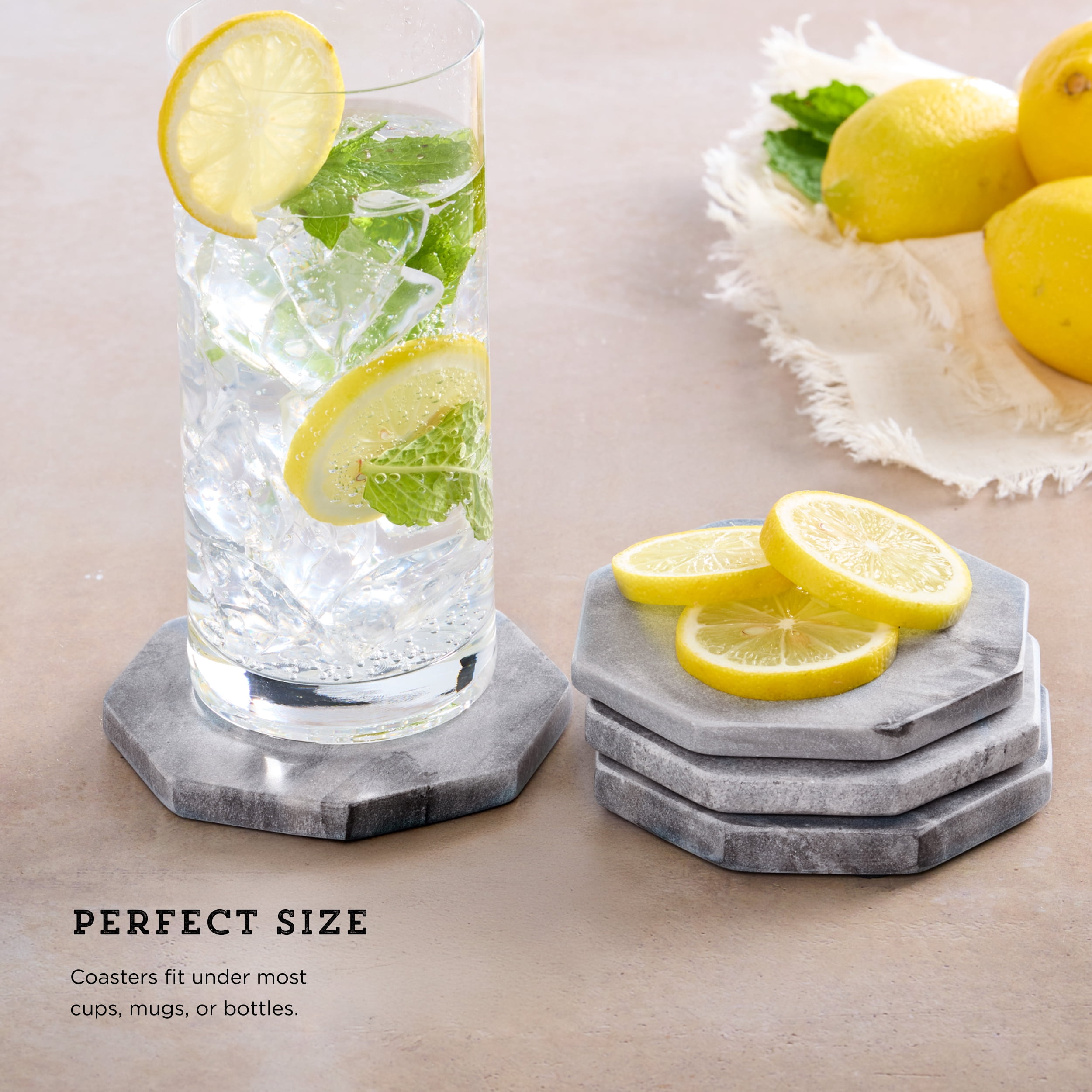 Kamenstein 4 Piece Hexagon Mable Coaster Set, Grey