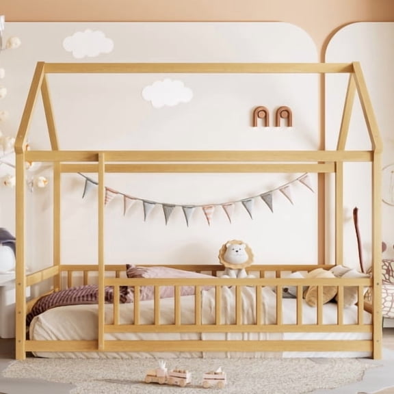 Twin Size Floor Wooden Bed with House Roof Frame and Fence Guardrails, Solid Pine Bed Frame for Bedroom, Natural