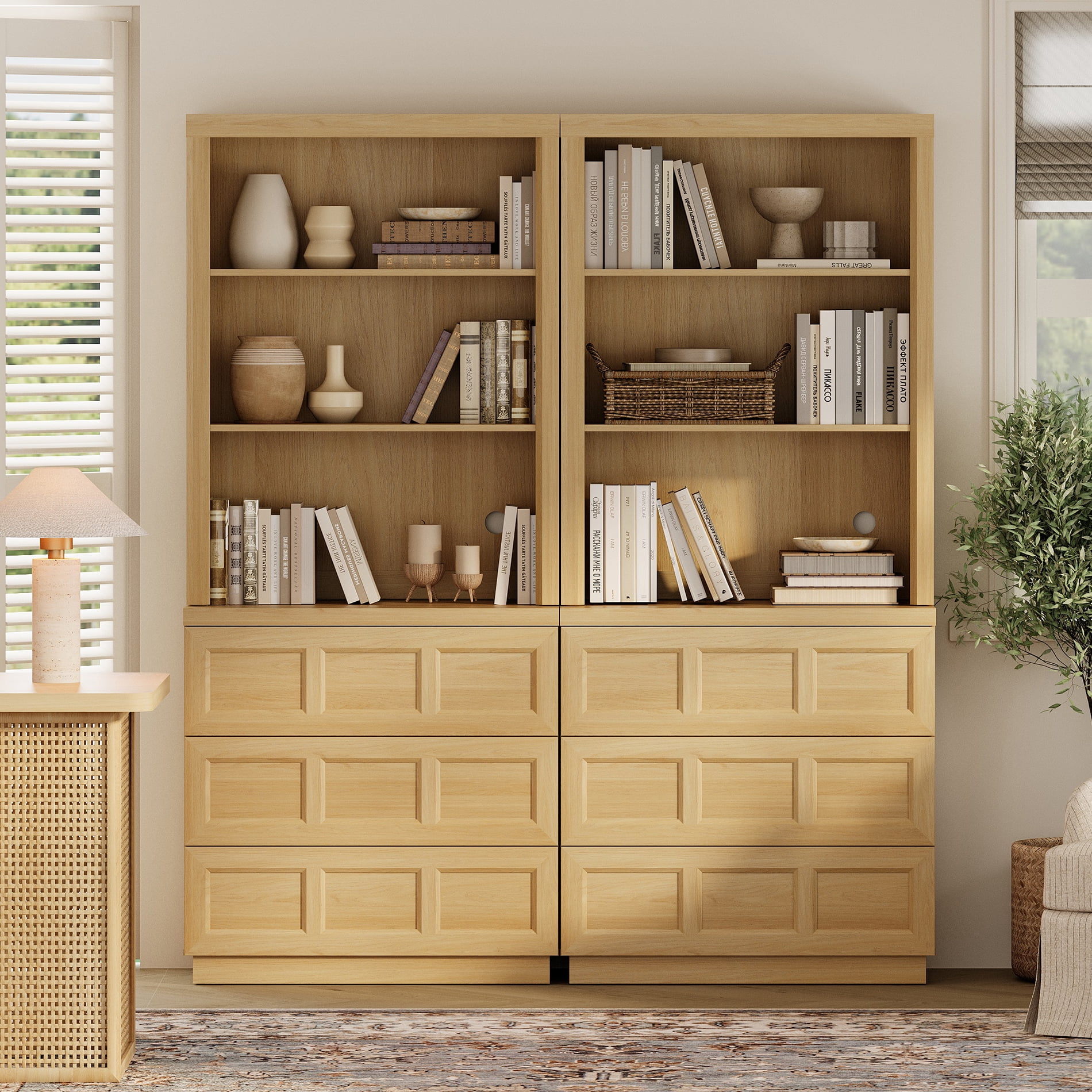 HOMOOI 2-in-1 Integrated Bookcase,Boho Rustic Wood Grain Freestanding Book Shelf with Open Display Shelves & 6 Rebound Handle-Free Drawers, Anti-Wobble Bookcase for Living Room,Home Office,Oak