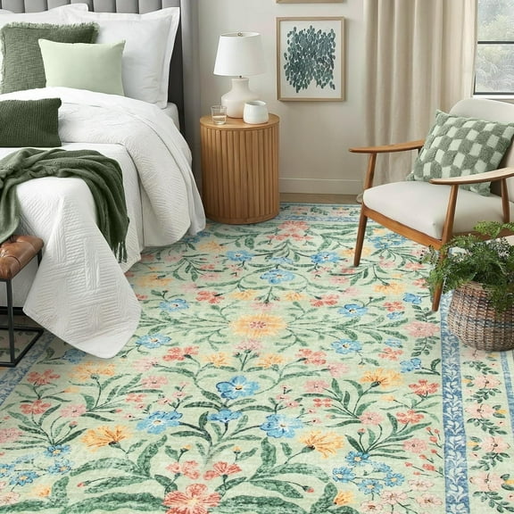 Lahome 9'x12' Large Floral Washable Rugs for Living Room, Non Slip Bedroom Rug with Rubber Backing, Green Soft Indoor Carpet for Nursery Playroom