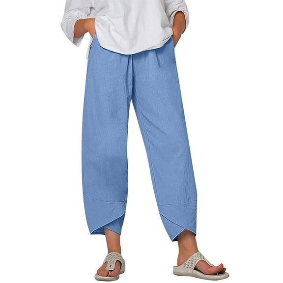 Women Capris Under $5! Cagogo Women Casual Linen Capris Pants with Pockets Elastic Waisted Summer Wide Leg Comfy Lounge Cropped Pants Stretch Plus Size Lightweight Capri Trousers