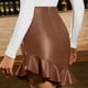 thumbnail image 5 of Falda corta de color liso para mujer: cintura alta elástica, fruncido en la parte delantera, dobladillo asimétrico, poliéster, tallas S-XXL, adecuada para fiestas y para el día a día, 5 of 7