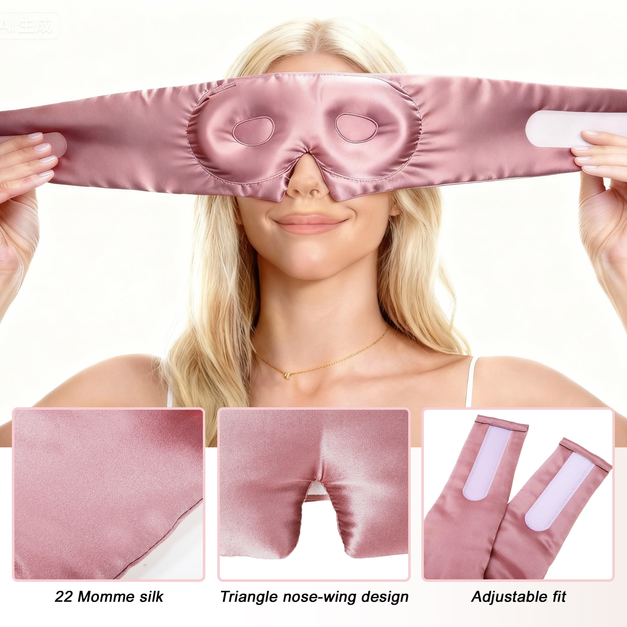 Unique Bargains 22 Momme Pure Silk Sleep Mask with Travel Pouch 3D Contour Adjustable Blindfold for Side Sleepers Eyelash Protecting for Natural Lashes & Extensions Bean Pink