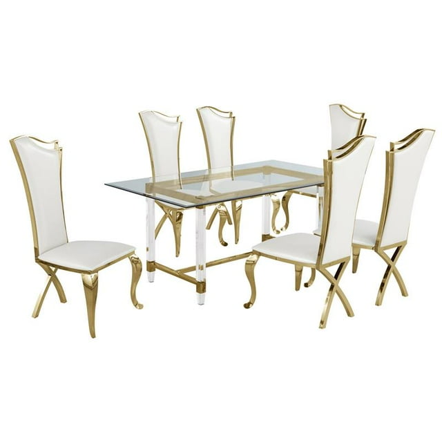 7pc. 68" x 40" Glass Dining Set with 6 Chairs and Gold Stainless Steel