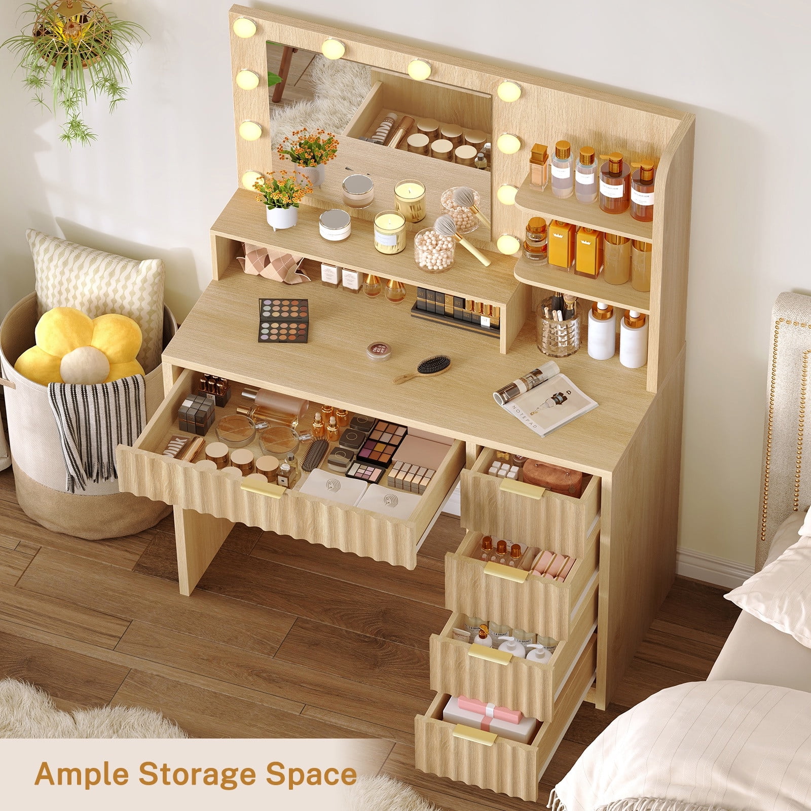 Makeup Vanity Set with Mirror & Lights, Vanity Desk with 5 Drawers & Storage Shelves, Makeup Vanity , 3 Color Modes & Adjustable Brightness Dressing Table, Bedroom, For Christmas gifts, Natural