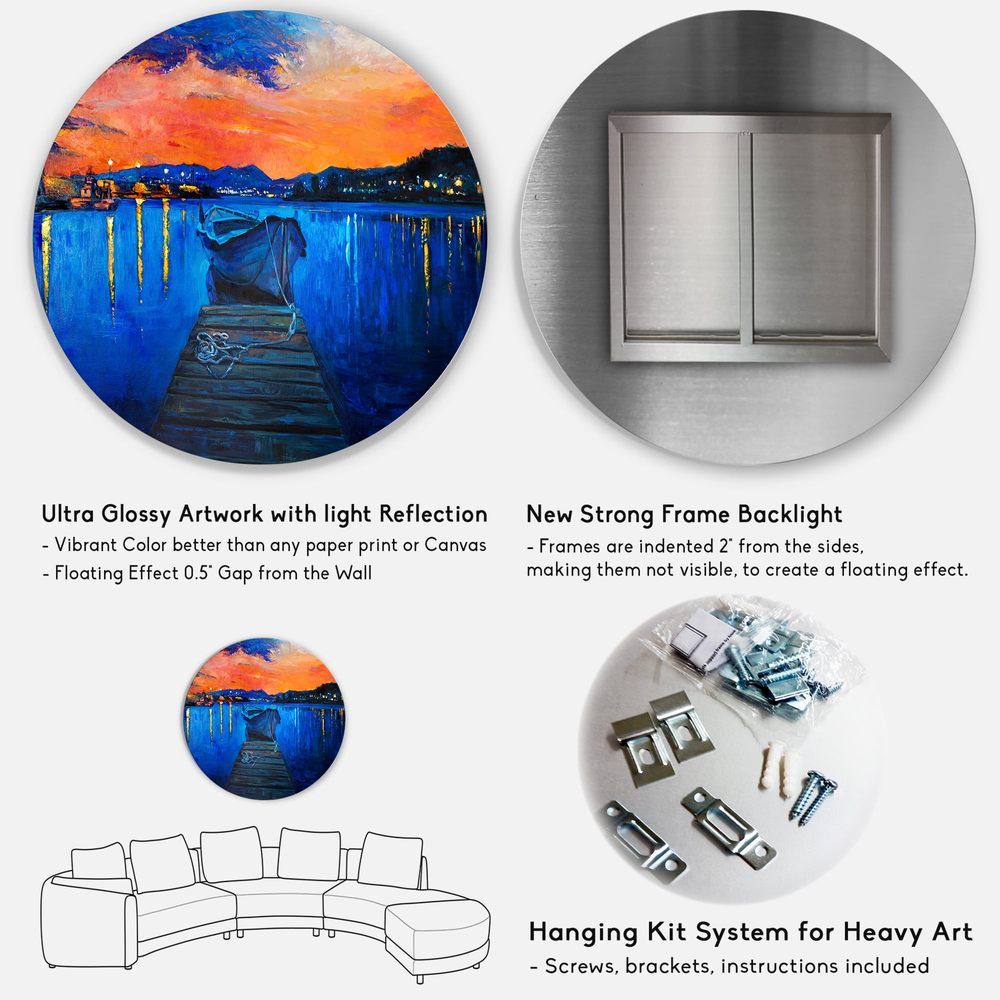 Designart 'Boats During Warm Sunset Resting On The Water III' Nautical & Coastal Circle Metal Wall Art 36x36 - Disc of 36