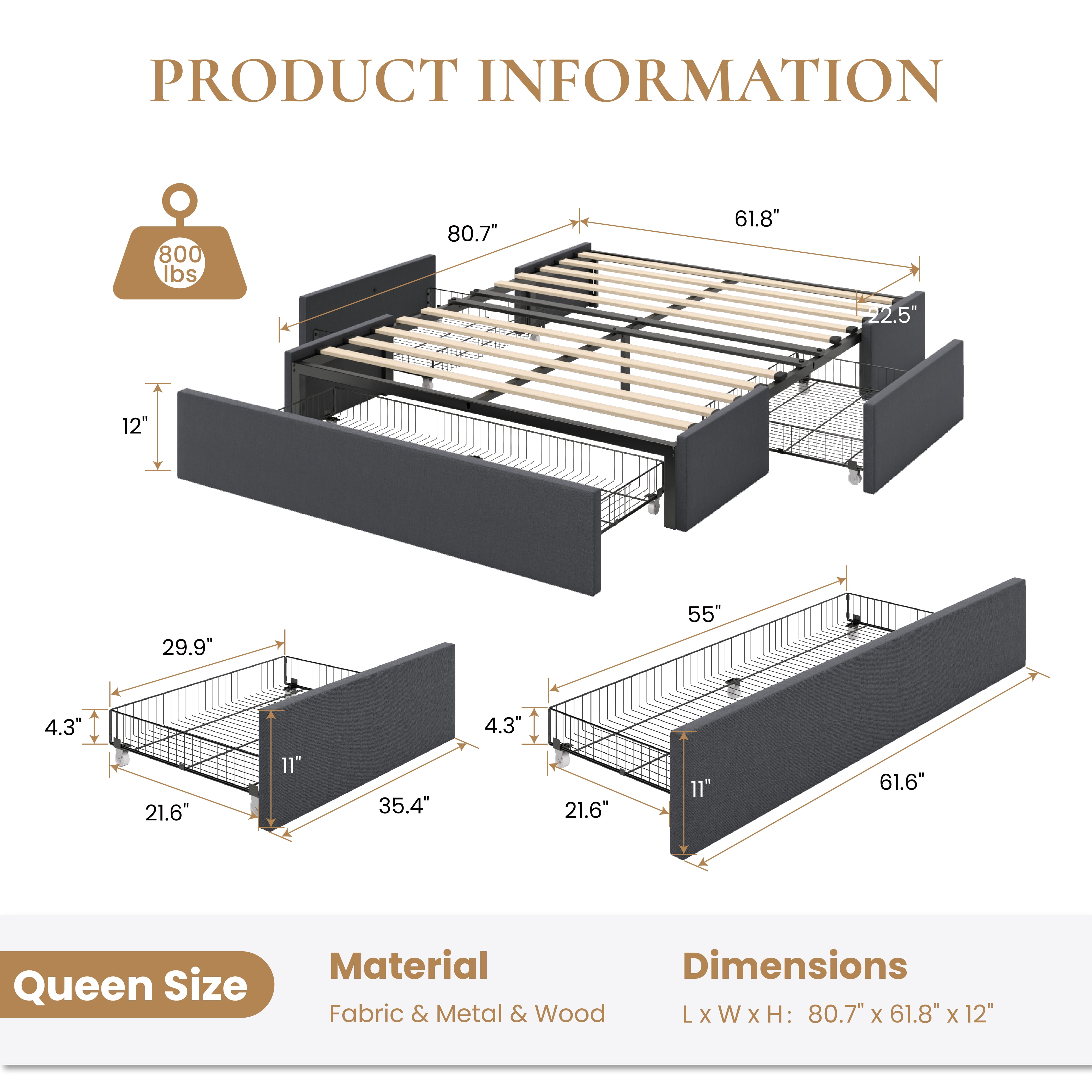 SHA CERLIN Dark Grey Queen Size Platform Bed Frame with 3 Storage Drawers, Adult
