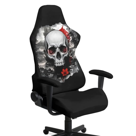 TSOVTHRID Skull Red Floral Moon Print 4 Pieces Gaming Chair Cover Set, Washable Computer Chair Slipcovers with Elastic Bottom Universal Desk Chair Seat Protector with Armrest Pad