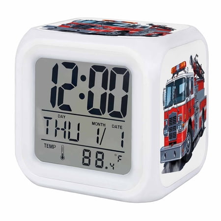 Fire Trucks Digital Alarm Clock for Bedrooms, Smart LED Alarm Clock with 7 Color Changing Night Light, Modern Cartoons Vehicles Silent Wake Up Clocks for Sleep Study Cooking 3.2x3.2