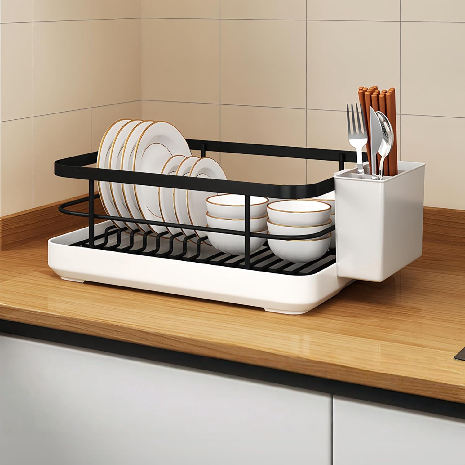 Kitchen Sink Dish Drying Rack: Drying Dish Rack, 2025 New Multifunctional Dish Rack with Drainer Tray, Chopstick Holder, and Wine Glass Rack, Dish Drainers for Kitchen Counter (Black)