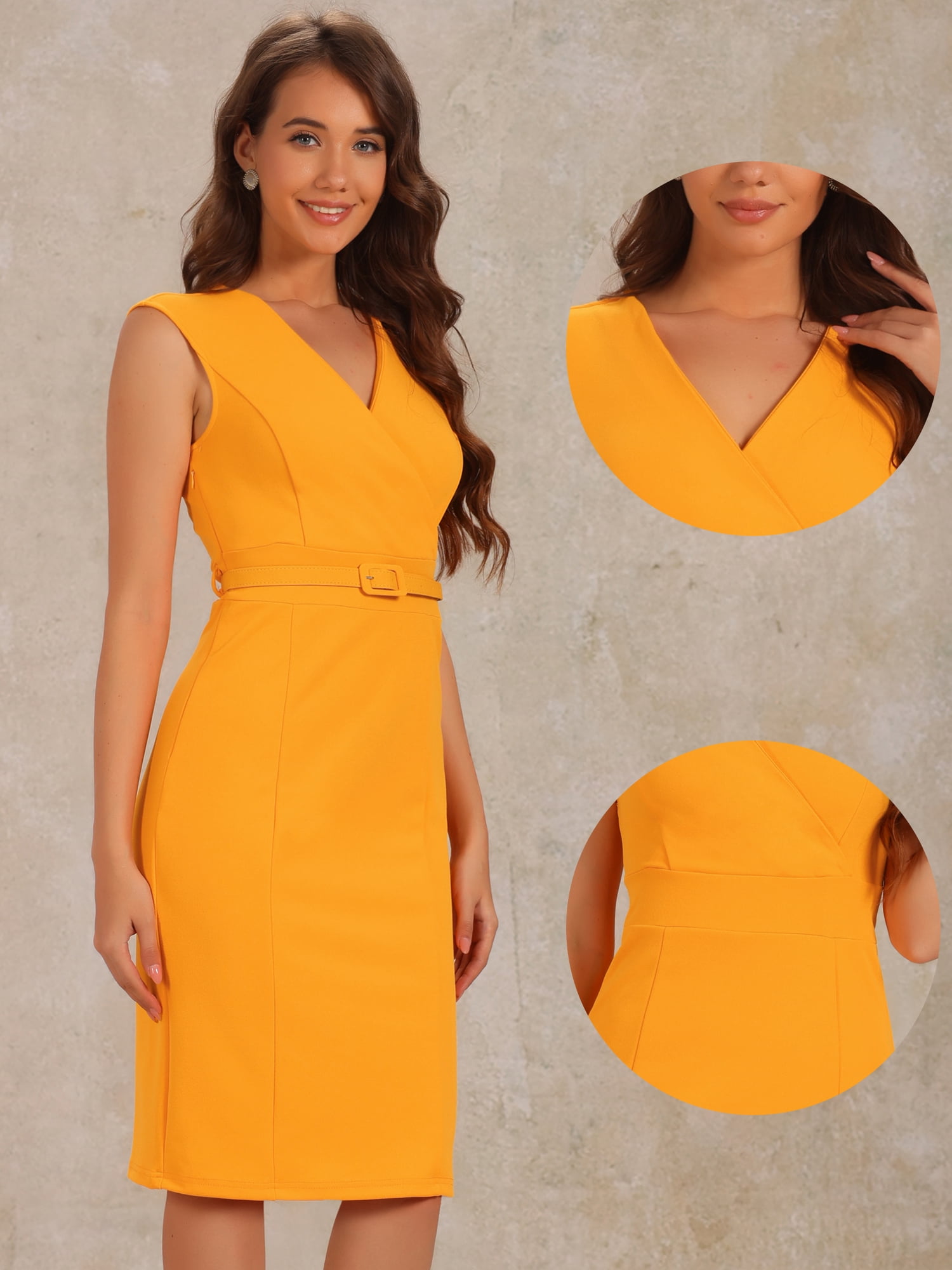 DARING DIVA Pencil Sleeveless Wrap V Neck Belted Office Dresses S Bright Orange