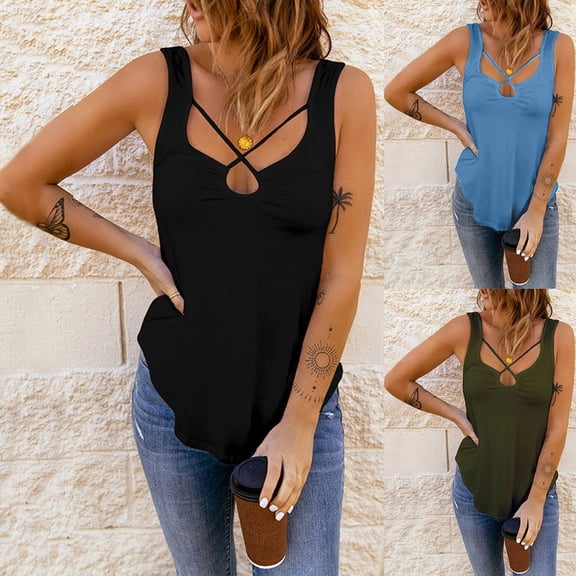 HAPIMO Women's Summer Tank Tops Sleeveless Shirts for Girls Criss Cross Neck Blouse Basic Tunic Camisole Solid Color Print Tops Casual Flowy Swing Camis Vest Rollbacks Blue M