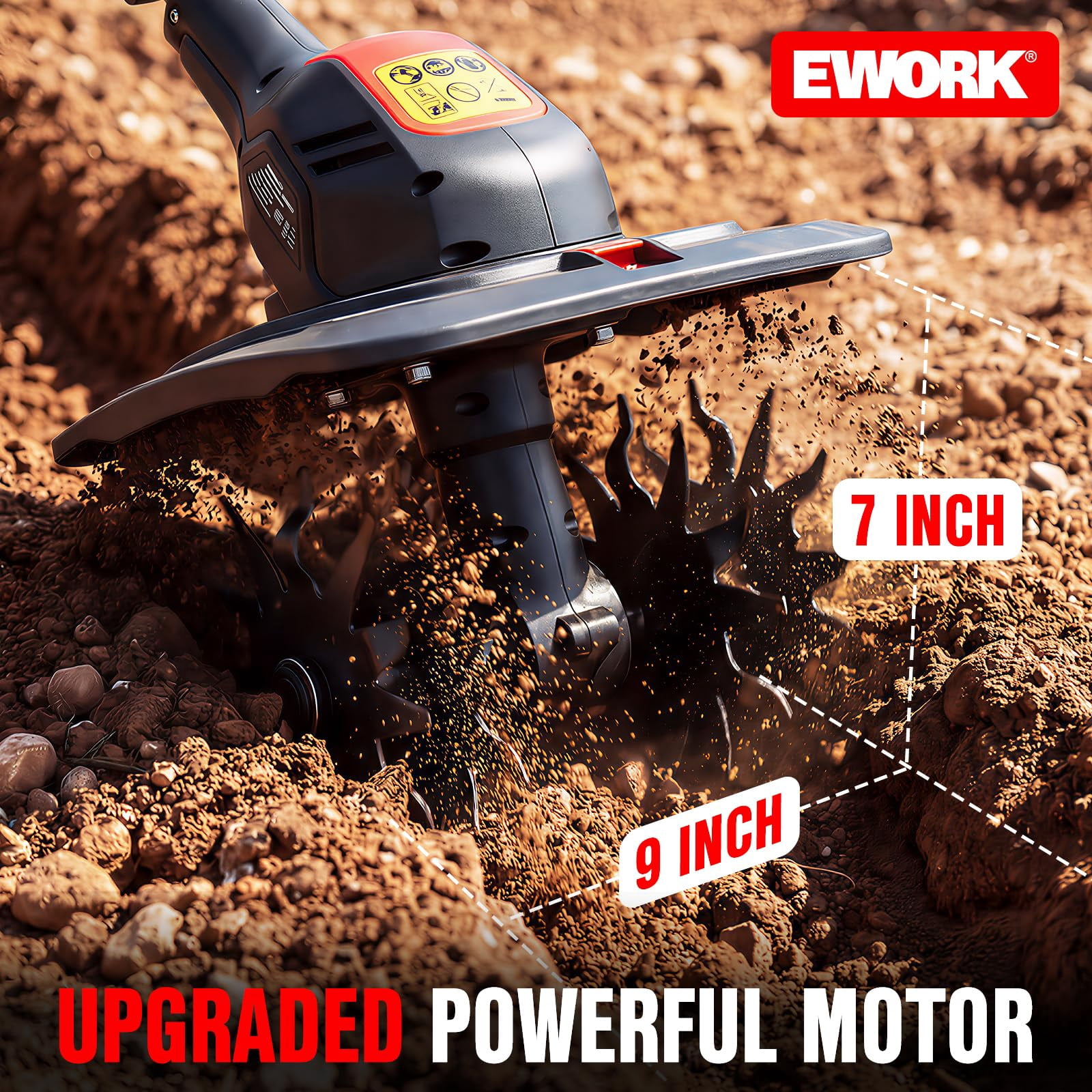EWORK 20V Cordless Tiller Cultivator with 2 × 2.0Ah Batteries & Fast Charger, 9" Width 7" Depth Electric Garden Rototiller for Yard Lawn Soil Cultivation
