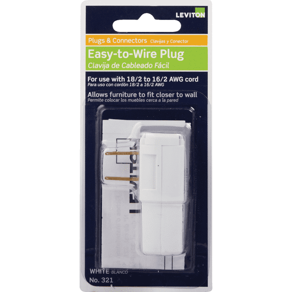 Leviton 321 Cord & Plug in White — UL Listed for US Residential Electrical Code Compliance, Drop-in NEC-Standard Wiring