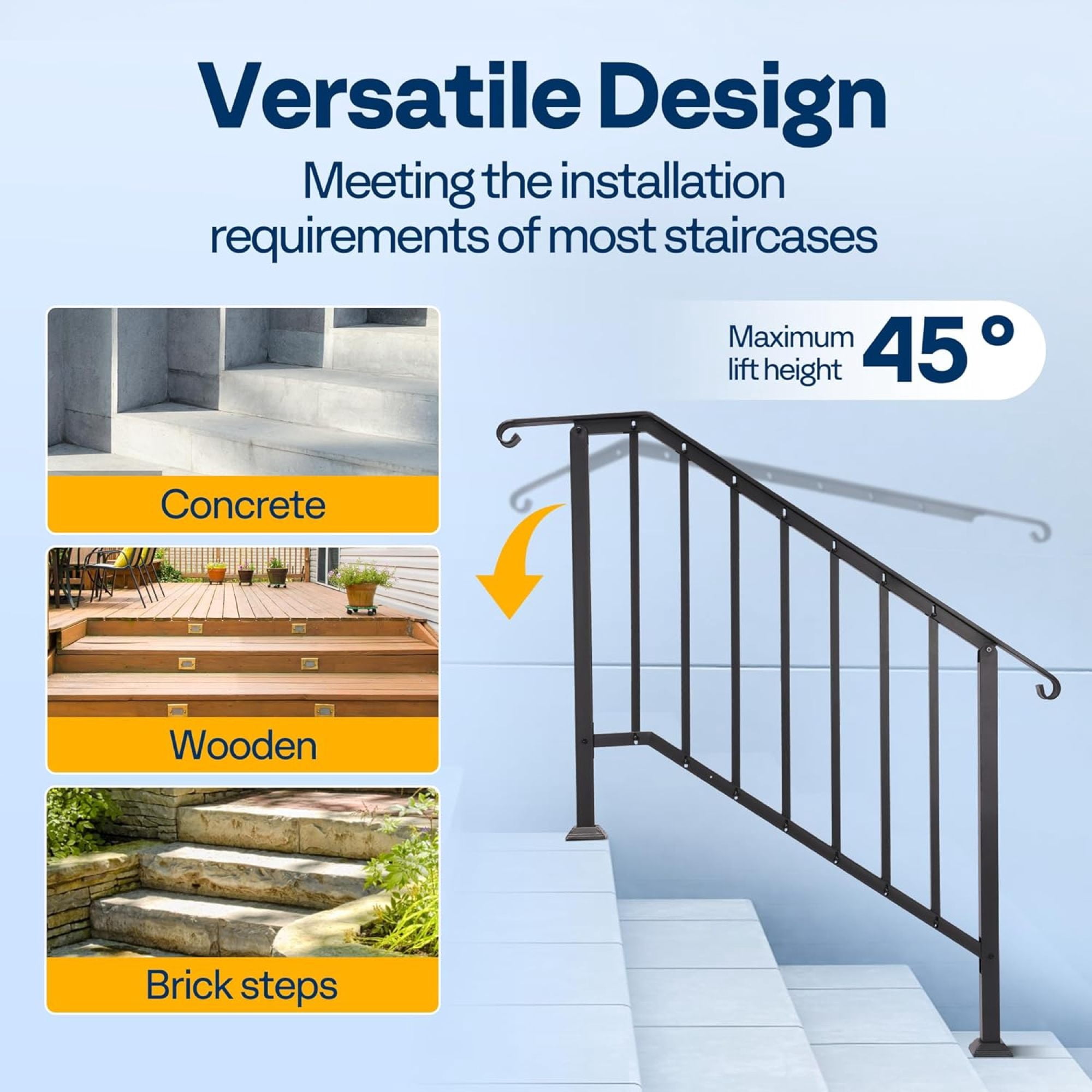 Leumius Hand Rails for Outdoor Steps,4 Step Galvanized Steel Railing Kit with Curved Ends and Safety Balusters Exterior Railing for Porch, Deck