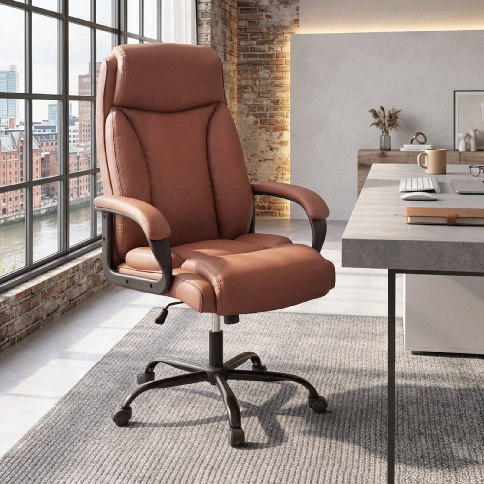 Furnibear Big and Tall Office Chair 400lb High Back Executive Computer Chair with PVC Leather Rocking Backrest and Swivel Seat, Brown
